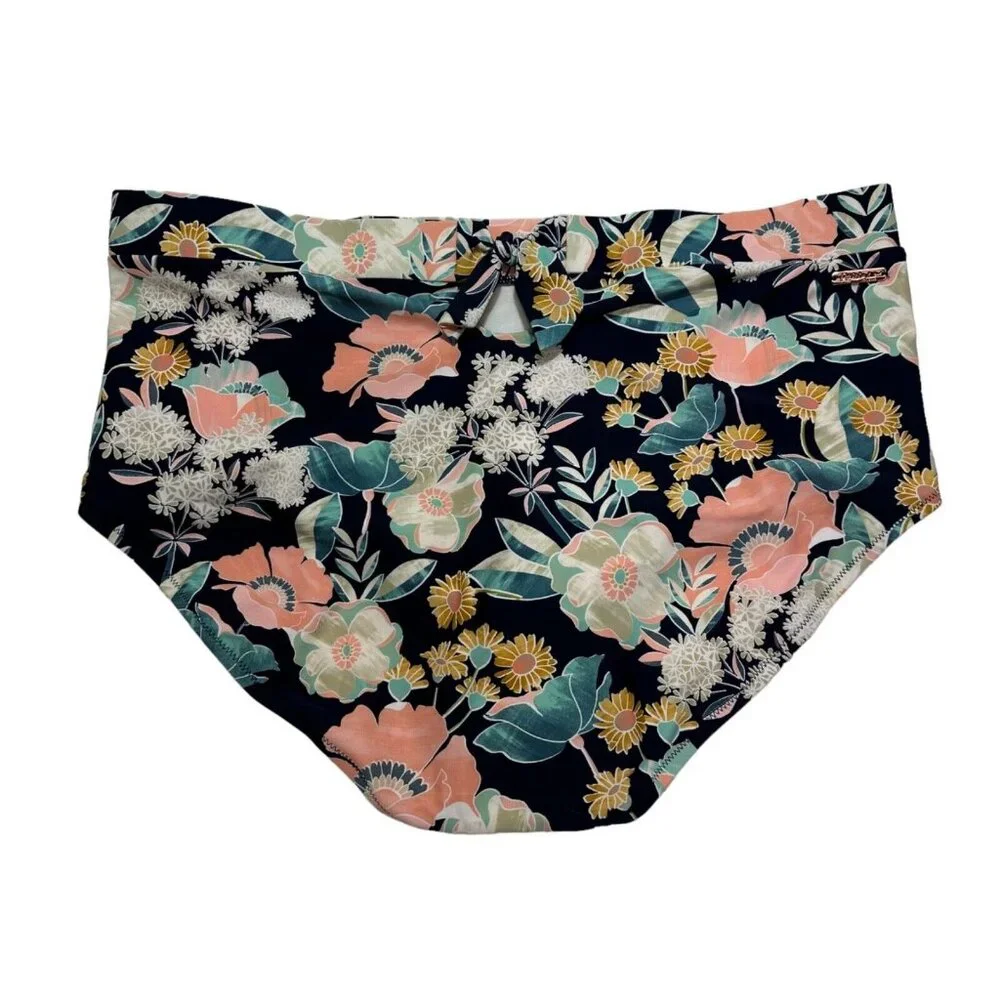 Raisins Plus Size 22W Tie Back High-Rise Bikini‎ Bottoms Navy Floral NWT